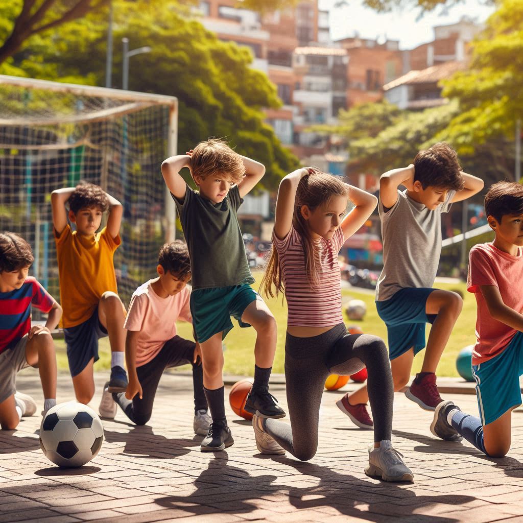 niños colombianos haciendo estiramientos y movimiento